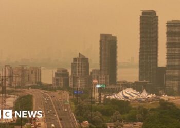 Orange haze fills the sky over a skyline of tall buildings and a highway in Toronto.