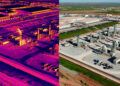 Thermal imagery (left) captured in late March shows one of the 10 gas-fired turbines in operation at OpenAI’s flagship data center in Abilene, Texas. The turbines – located directly beside a residential compound - are among the thousands of data center on-site power sources identified by Floodlight approved through minor permits that do not require public input or extensive environmental reviews.