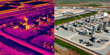 Thermal imagery (left) captured in late March shows one of the 10 gas-fired turbines in operation at OpenAI’s flagship data center in Abilene, Texas. The turbines – located directly beside a residential compound - are among the thousands of data center on-site power sources identified by Floodlight approved through minor permits that do not require public input or extensive environmental reviews.