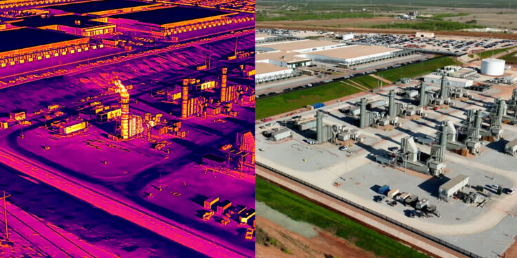 Thermal imagery (left) captured in late March shows one of the 10 gas-fired turbines in operation at OpenAI’s flagship data center in Abilene, Texas. The turbines – located directly beside a residential compound - are among the thousands of data center on-site power sources identified by Floodlight approved through minor permits that do not require public input or extensive environmental reviews.