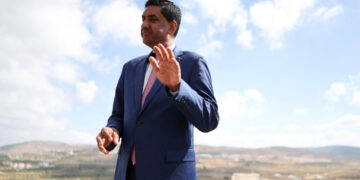 U.S. Representative Ro Khanna (D-CA) is interviewed by Reuters during a visit to Turmus Ayya, near Ramallah
