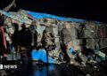 A wreckage of a bus from an accident