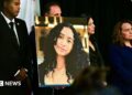 A portrait of the late Celeste Rivas Hernandez is shown during a press briefing by Los Angeles County District Attorney Nathan J. Hochman (out of frame) on the case against singer D4vd in Los Angeles, on April 20, 2026.