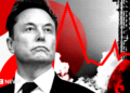 Stylised image showing Elon Musk looking up with a rocket behind him to the right and a red line like that of a share price chart, against a red, black and white background
