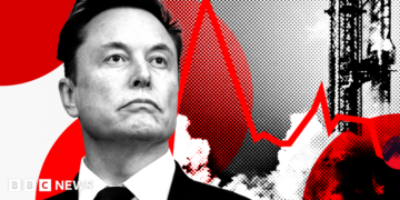 Stylised image showing Elon Musk looking up with a rocket behind him to the right and a red line like that of a share price chart, against a red, black and white background