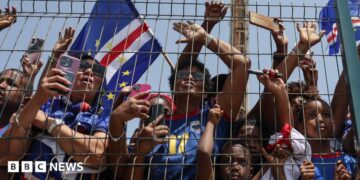 Fans wearing the Cape Verde kit press against a metal fence.