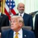 Michael Kratsios, director of the White House Office of Science and Technology Policy, from left, US President Donald Trump, Howard Lutnick, US commerce secretary, and Chris Wright, US energy secretary, during an executive order signing in the Oval Office of the White House in Washington, DC, US, on Monday, June 22, 2026.