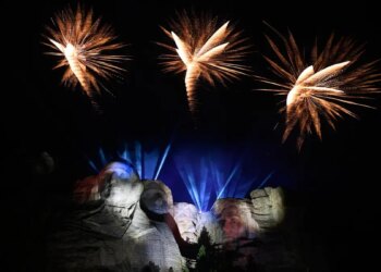 Fireworks explode after President Donald Trump spoke at Mount Rushmore National Memorial, Friday, July 3, 2026, near Keystone, S.D.