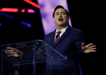 Mike Lindell, business man also known as My Pillow Guy, speaks at an event held by the national conservative political mov...