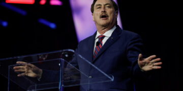 Mike Lindell, business man also known as My Pillow Guy, speaks at an event held by the national conservative political mov...