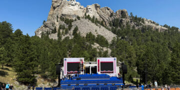 Stage is set up at Mount Rushmore National Memorial, in Keystone