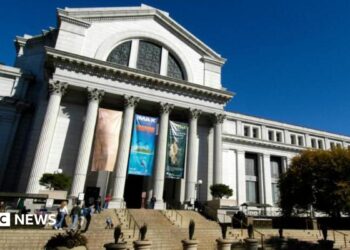 Smithsonian National Museum of American History building with large columns and tourists