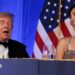 Trump reacts next to CBS News senior White House correspondent and White House Correspondents' Association President (WHCA) Weijia Jiang at the WHCA Dinner