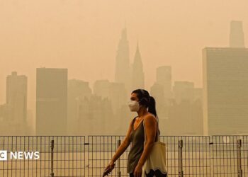 Smoke from massive wildfires in Canada engulfed the New York City skyline, reducing visibility and casting an orange haze over the New York City