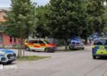 Emergency service vehicles with flashing lights outside a school building, the road is quiet.