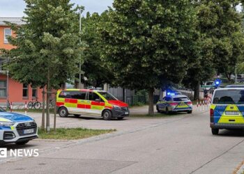 Emergency service vehicles with flashing lights outside a school building, the road is quiet.
