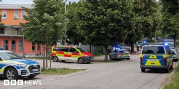 Emergency service vehicles with flashing lights outside a school building, the road is quiet.