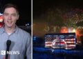 Composite image showing BBC correspondent wearing blue shirt on the left and stage lit up with US flag and fireworks
