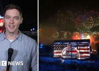Composite image showing BBC correspondent wearing blue shirt on the left and stage lit up with US flag and fireworks