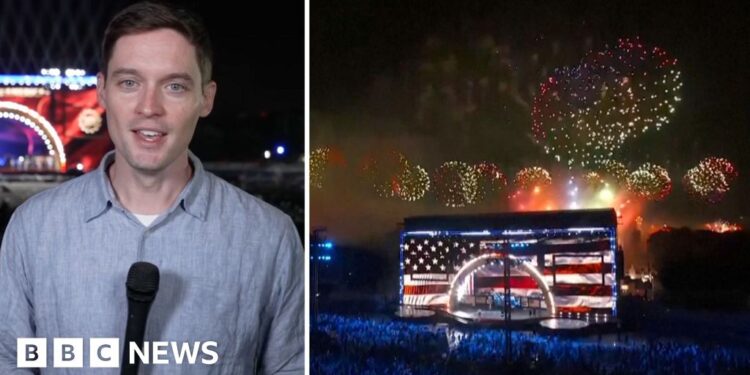 Composite image showing BBC correspondent wearing blue shirt on the left and stage lit up with US flag and fireworks