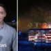 Composite image showing BBC correspondent wearing blue shirt on the left and stage lit up with US flag and fireworks