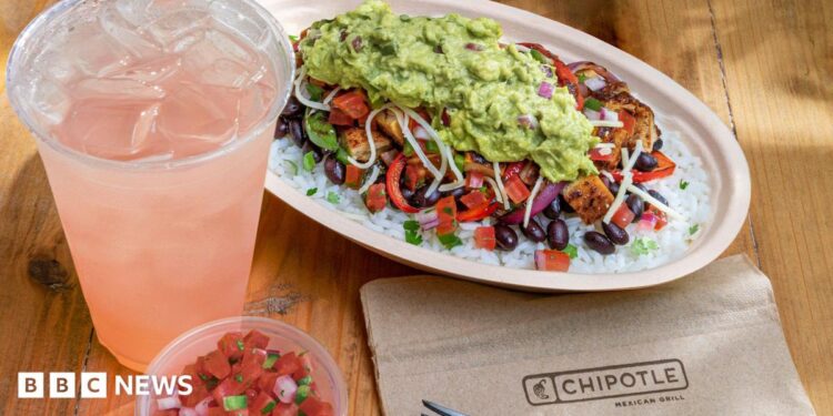 A chicken bowl from Chipotle with a drink and a dip.