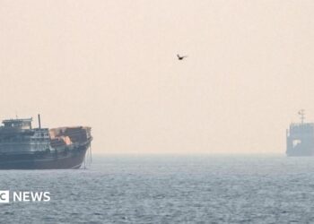 Vessels at the Strait of Hormuz, as seen from Musandam, Oman.