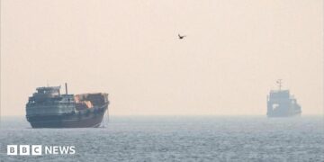 Vessels at the Strait of Hormuz, as seen from Musandam, Oman.