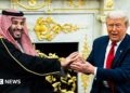 A file image of Saudi Crown Prince Mohammed bin Salman holding an extended handshake in the White House Oval Office with US President Donald Trump