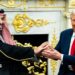 A file image of Saudi Crown Prince Mohammed bin Salman holding an extended handshake in the White House Oval Office with US President Donald Trump
