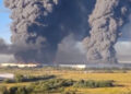 Smoke billows from a warehouse, after deadly Ukrainian drone attacks, as per regional governors, in Elektrostal
