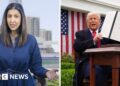 Samira Hussain with long brown hair on the left and President Trump holding the signed Liberation Day tariff document.
