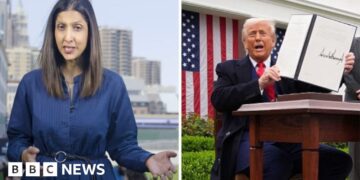Samira Hussain with long brown hair on the left and President Trump holding the signed Liberation Day tariff document.