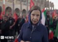 Lyse Doucet looks into the camera as she stands among a crowd carrying Iranian flags