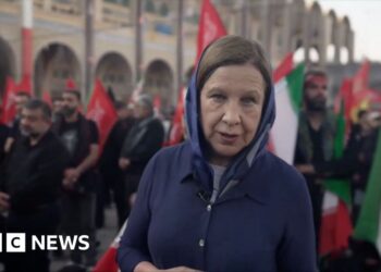 Lyse Doucet looks into the camera as she stands among a crowd carrying Iranian flags