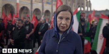 Lyse Doucet looks into the camera as she stands among a crowd carrying Iranian flags