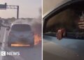 Split screen image showing a burning car (r) and a hand reaching through a car window (r)
