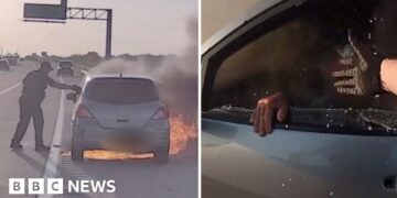 Split screen image showing a burning car (r) and a hand reaching through a car window (r)