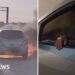 Split screen image showing a burning car (r) and a hand reaching through a car window (r)