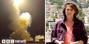 A composite image of a US missile being fired and Barbara Plett Usher