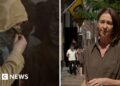 Sarah Rainsford split screen with a man in a hood and face mask.