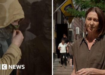 Sarah Rainsford split screen with a man in a hood and face mask.