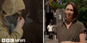 Sarah Rainsford split screen with a man in a hood and face mask.