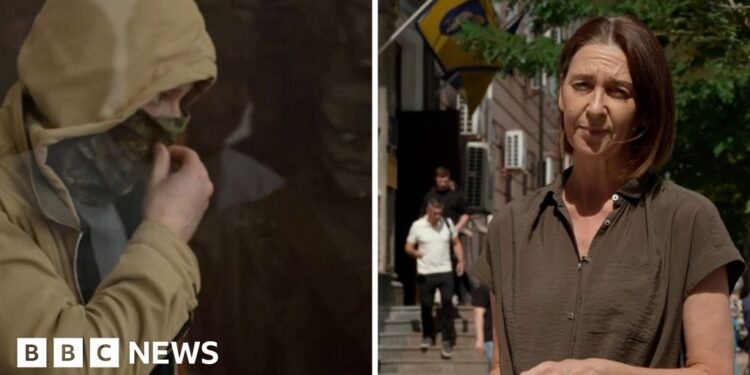 Sarah Rainsford split screen with a man in a hood and face mask.