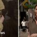 Sarah Rainsford split screen with a man in a hood and face mask.