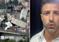 A composite of a crumpled bridge next to a picture of a male BBC journalist