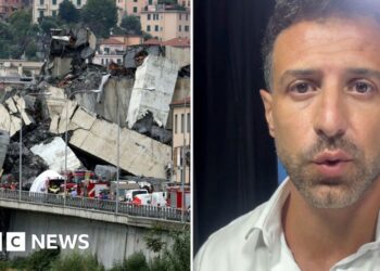 A composite of a crumpled bridge next to a picture of a male BBC journalist