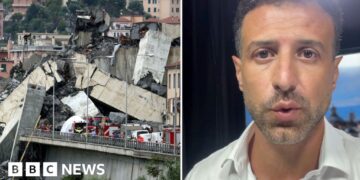 A composite of a crumpled bridge next to a picture of a male BBC journalist
