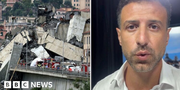 A composite of a crumpled bridge next to a picture of a male BBC journalist