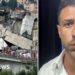 A composite of a crumpled bridge next to a picture of a male BBC journalist